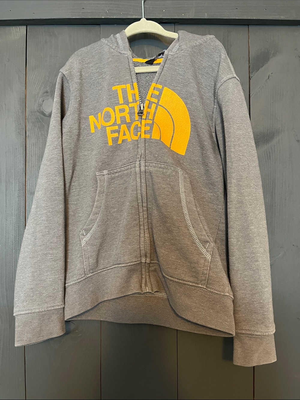The North Face Kids Gray Zip Hoodie with Yellow Logo